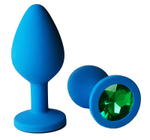 Голубая анальная пробка с зеленым кристаллом - 7 см. (Цвет: зеленый)