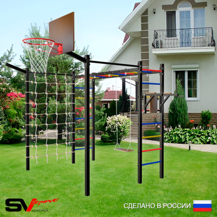 Уличная шведская стенка Sv Sport рукоход с комплектом турник прямой 2шт У5547К (Брусья/Деревянные/Щит баскет/Кронш бокс/Сетка)