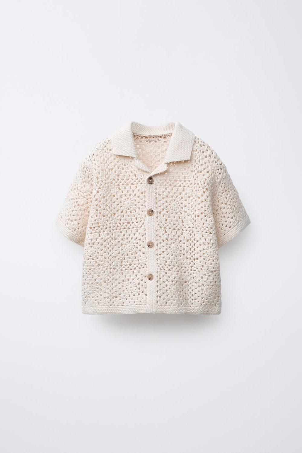 ZARA ТРИКОТАЖНАЯ РУБАШКА ИЗ КРУЖЕВА КРОШЕ, ЭКРЮ