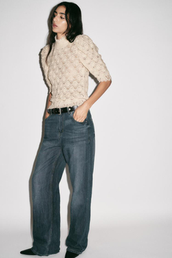 ZARA ТРИКОТАЖНЫЙ ДЖЕМПЕР В РОМАНТИЧНОМ СТИЛЕ В РУБЧИК, ЭКРЮ