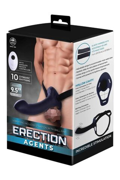 Черный полый страпон с вибрацией Erection Agents - 24,1 см. (Цвет: черный)