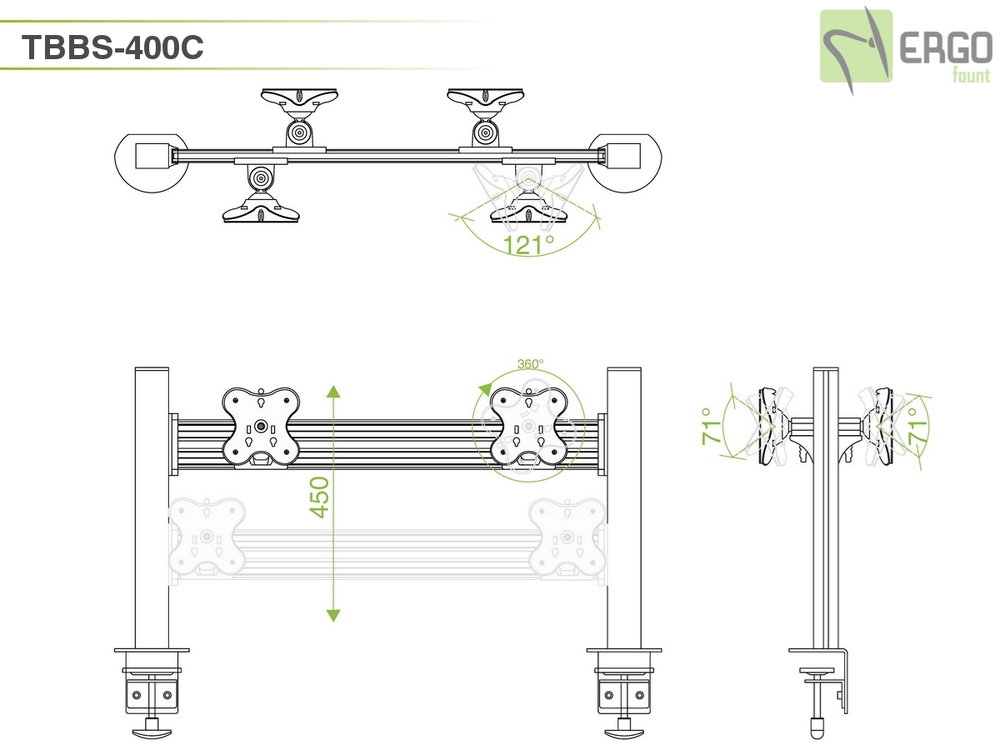 ErgoFount TBBS-400C Настольное крепление back-to-back для 4 мониторов диагональю до 24'' конфигурации 1х2 с зажимом к столу типа "С". Цвет - серебристый