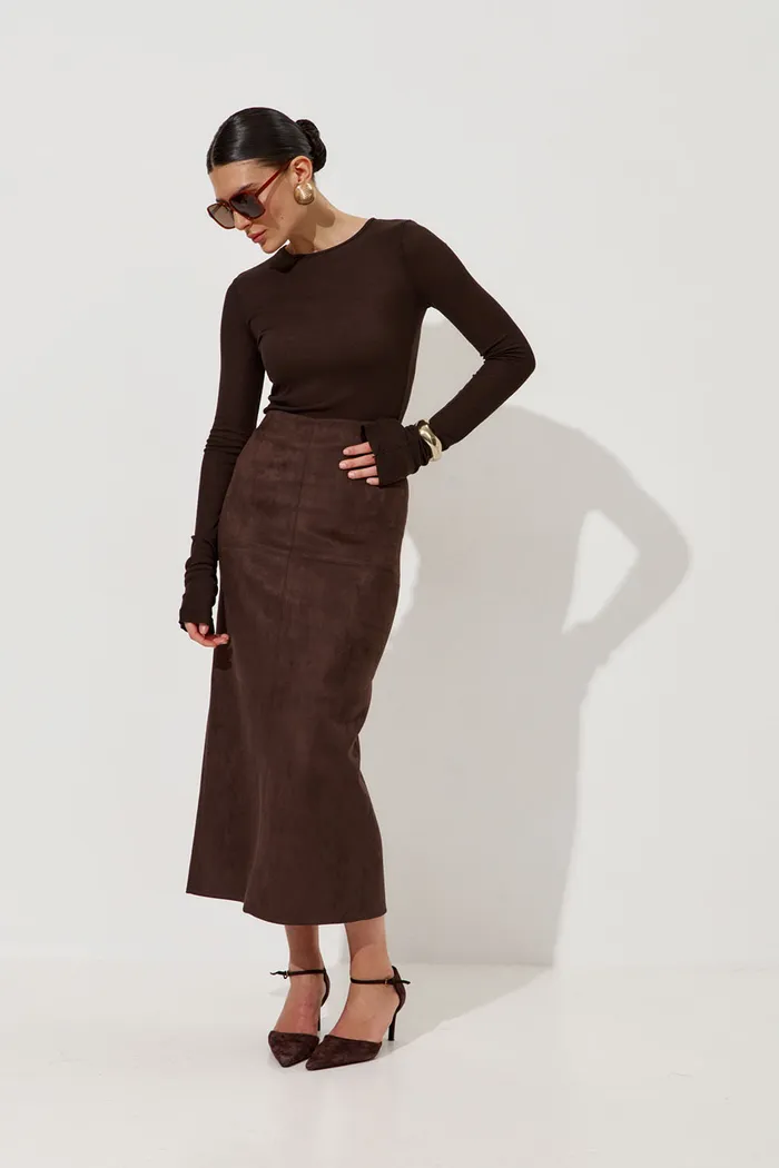 Юбка карандаш из экозамши цвета шоколад
