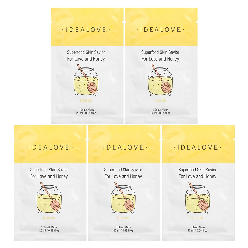 Idealove, Superfood Skin Savior, маска с суперфудами, мед, 5 шт. по 20 мл (0,68 жидк. унции)