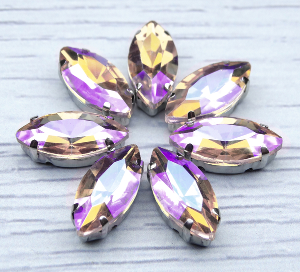 МЦ032НН715 Хрустальные стразы формы "лодочка" в цапах, розовый AB, 7х15 мм, 5 шт.