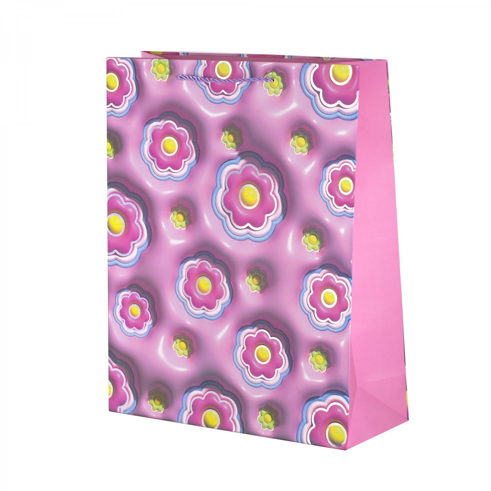 Пакет подарочный бумажный Alingar, (L+) 26х32х10 см, вертикальный, "Нежные цветочки", матов. ламинация, тиснение голография, эффект 3D, ассорти