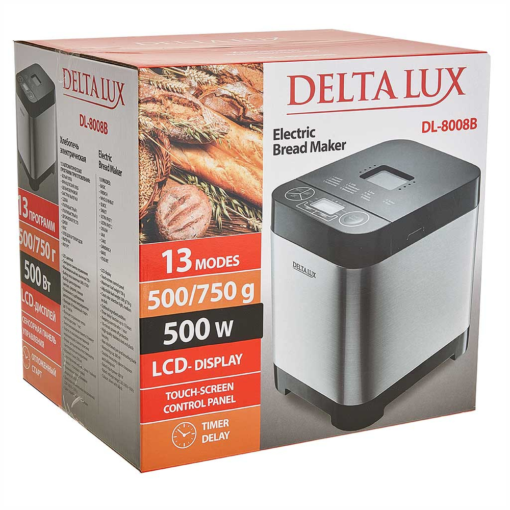 Хлебопечь DELTA LUX DL-8008В серебристая с черным