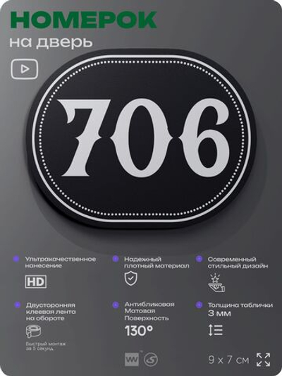 Номерок на дверь квартиры 706, для кабинета, офиса, шильдик 9 х 7 см, черный, Айдентика Технолоджи