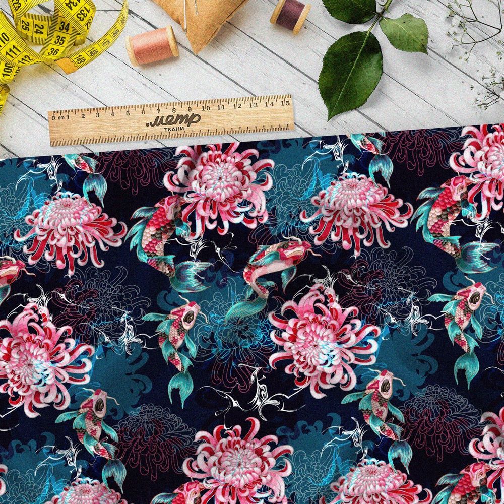 Ткань оксфорд 210 цветы и рыбы на воде