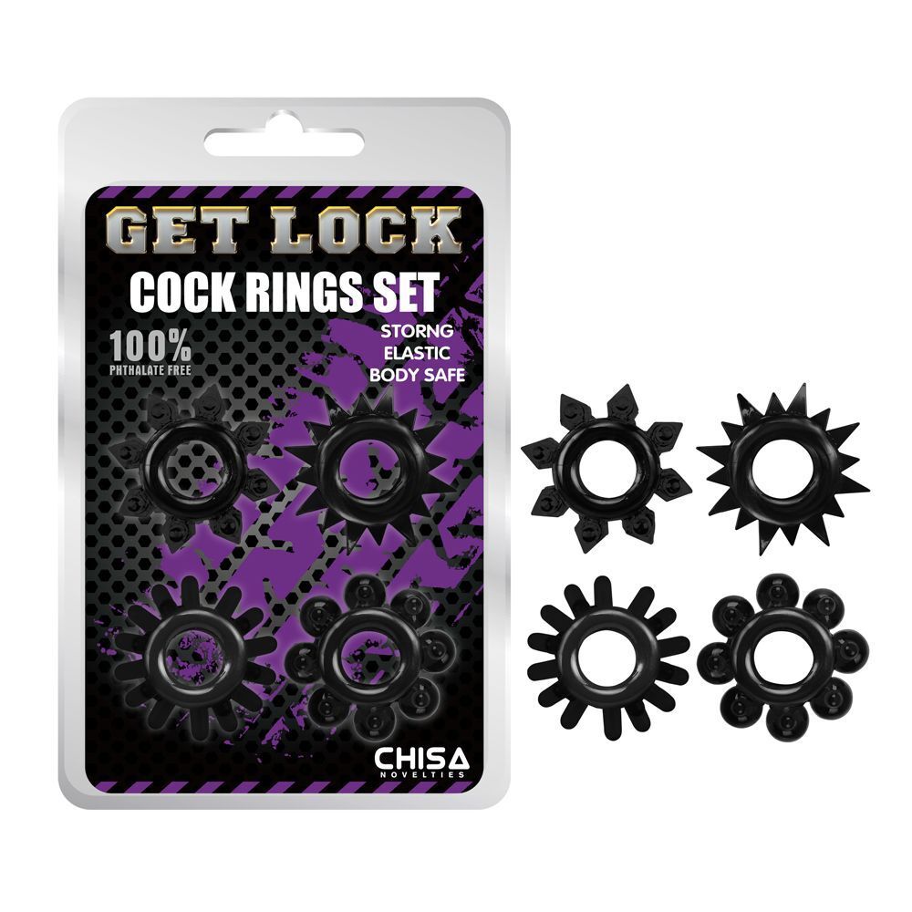 Набор из 4 черных эрекционных колец Get Lock (Цвет: черный)