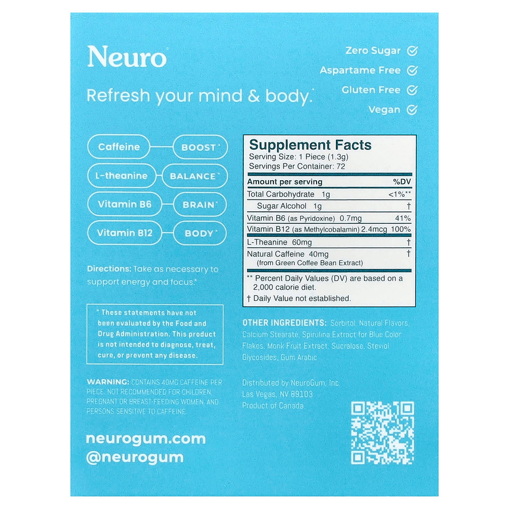 NeuroGum, мятные конфеты, энергия и концентрация, перечная мята, 6 пакетиков по 12 шт.