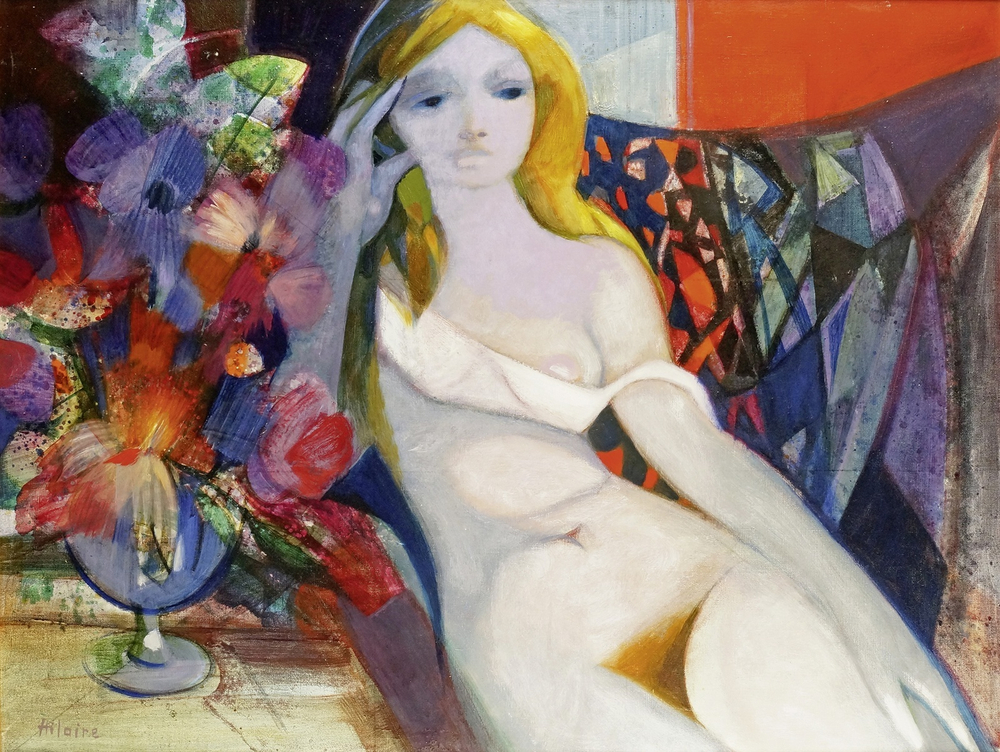 Камиль Илер, 1974, Обнаженная с букетом цветов (Nu Au Bouquet De Fleurs), 89 х 116 см. Частное собрание