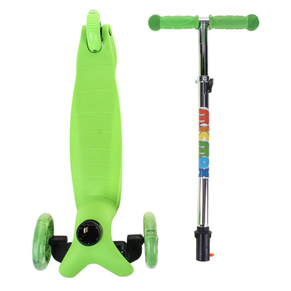 Самокат трехколесный, колеса PVC со светом 110мм, зеленый, размер 52х10,5см, ручка металл.съемная