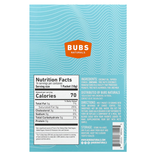BUBS Naturals, Halo Functional Creamer, порошок из масла MCT, без добавок, 14 пакетиков по 10 г (0,35 унции)