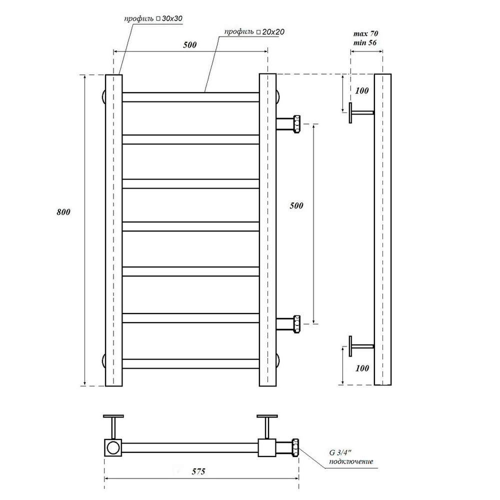 Полотенцесушитель водяной Point Вега PN71558 П7 500x800 с боковым подключением 500, хром