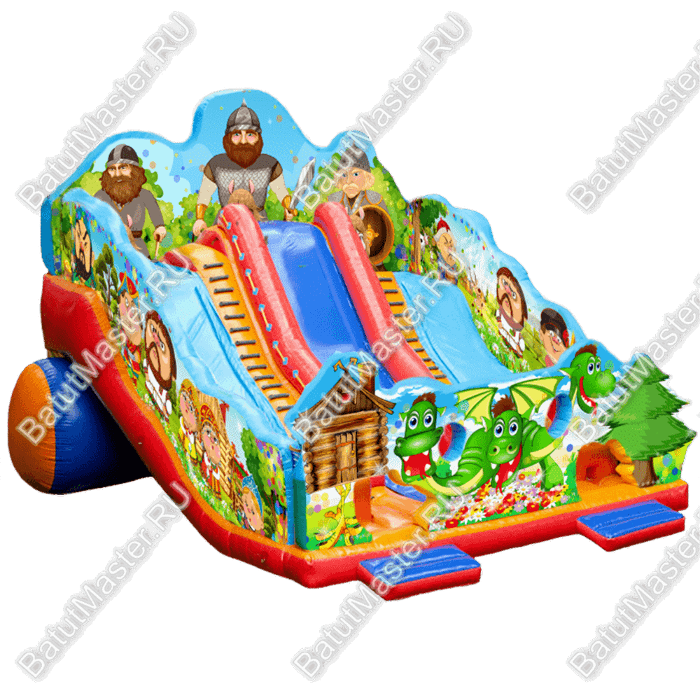 Большой надувной батут-горка "Сказочные богатыри" 13*7*10 м