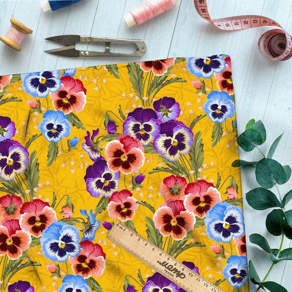 Ткань футер 2-х нитка яркие виолы на желтом фоне