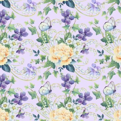 Розы, плющ и фиалки на лавандовом фоне