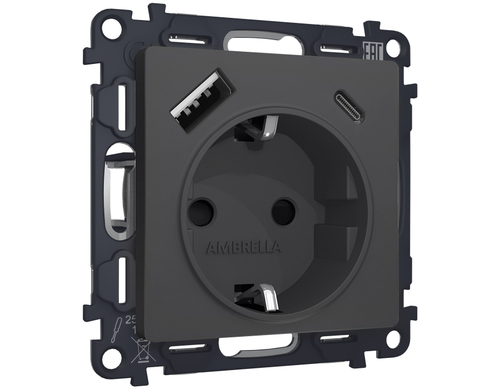 MA910010 Комплект механизма электрической розетки ALFA Графит мягкое касание 2USB A+C 20W (быстрая зарядка) с/з QUANT (AP9100, VM160)