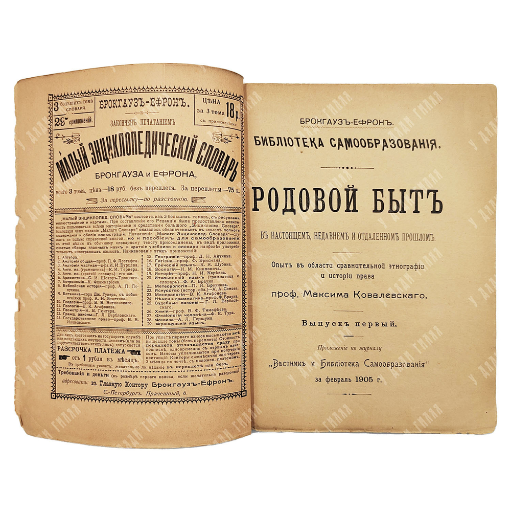 Ковалевский М. Родовой Быт в настоящем, недавнем и отдаленном прошлом. В 2-х книгах, 1905.