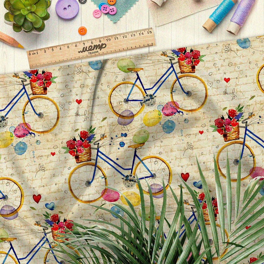 Ткань поплин велосипеды с щариками и розами на фоне письма