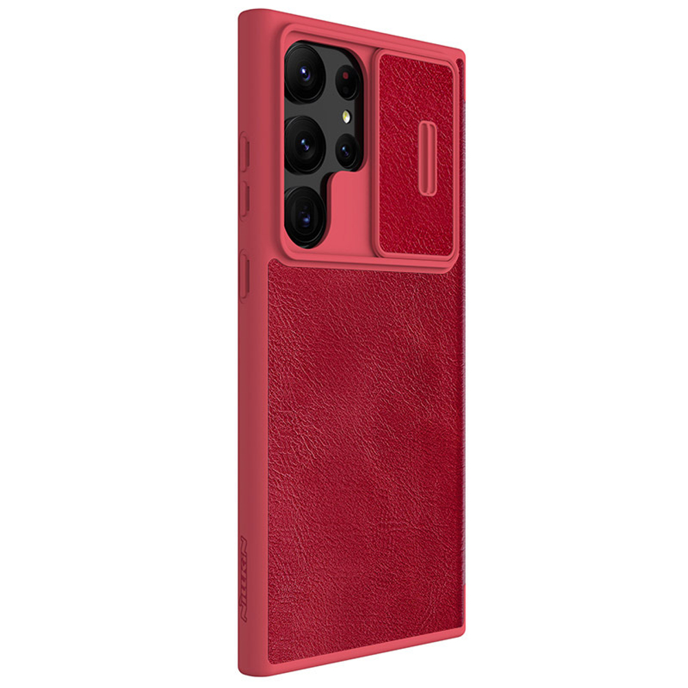 Чехол книжка красного цвета от Nillkin для Samsung Galaxy S23 Ultra, серия Qin Pro Leather с защитной шторкой для камеры