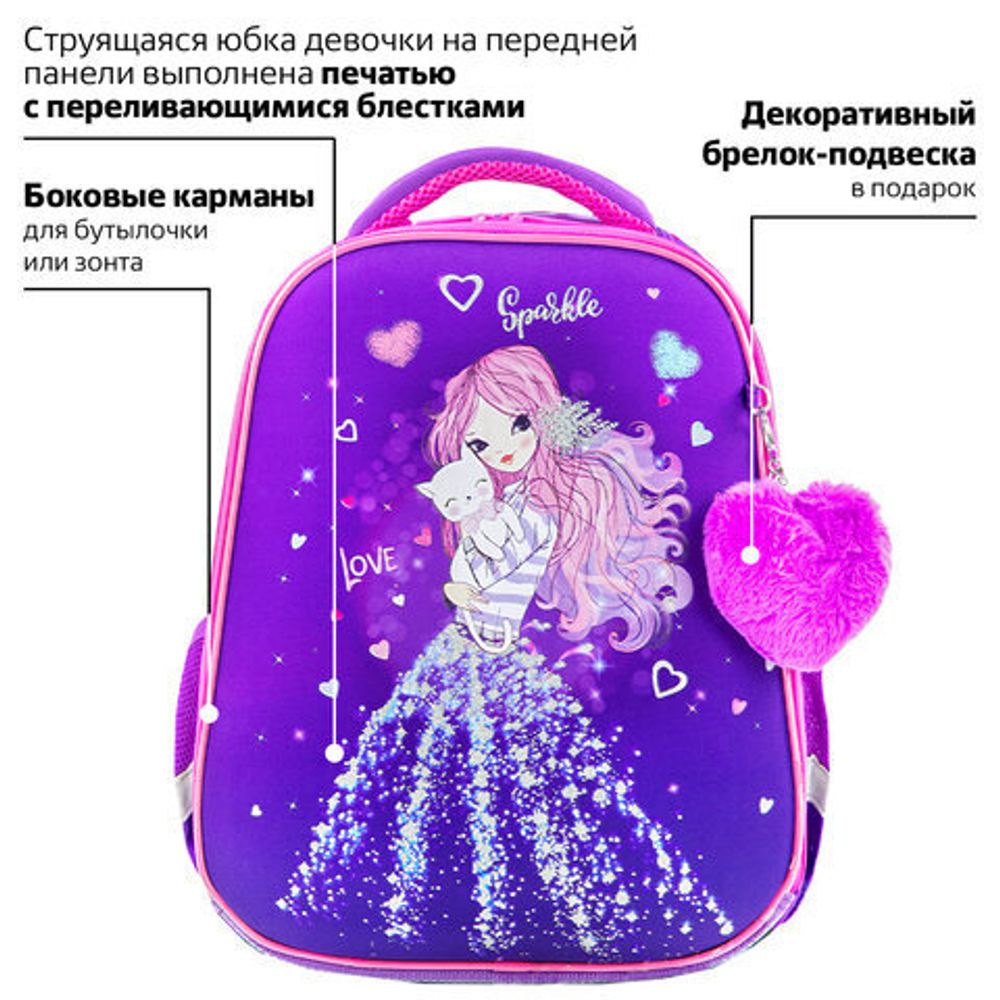 Ранец BRAUBERG PREMIUM, 2 отделения, с брелком, "Shining girl", 38х29х16 см, 270592