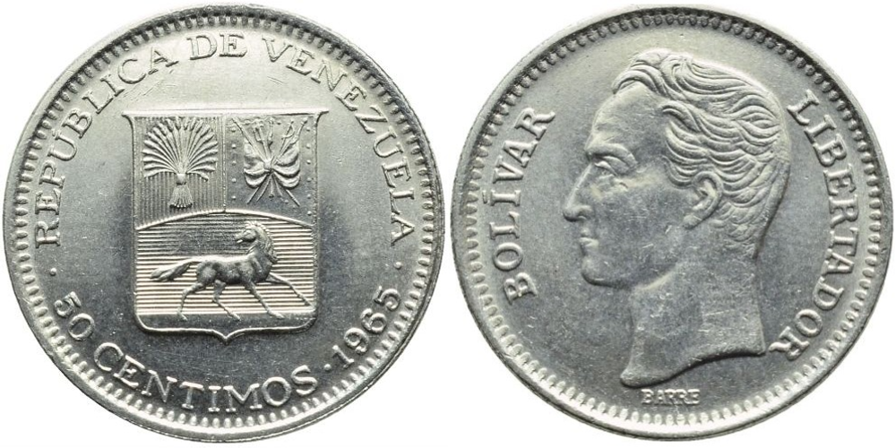 Венесуэла 50 сентимо, 1965-1985 Симон Боливар XF
