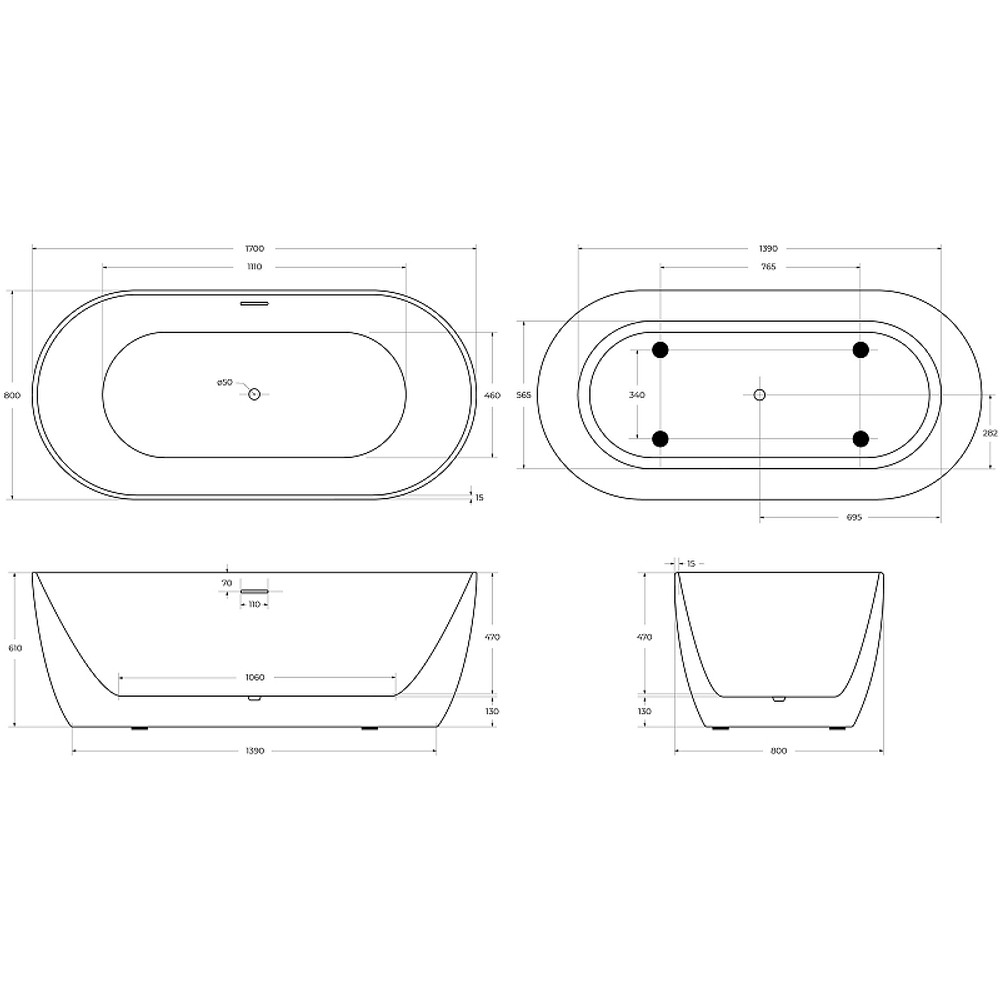 Акриловая ванна BelBagno 170x80 BB413-1700-800-MATT без гидромассажа