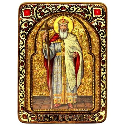 Инкрустированная живописная икона Святой равноапостольный князь Владимир 29х21см на сакральном кипарисе в подарочной коробке