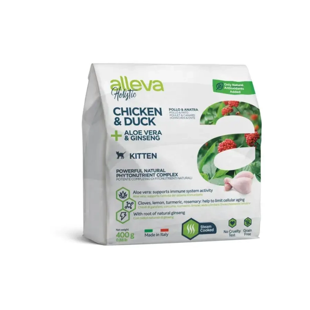 Alleva holistic kitten сухой корм для котят с курицей и уткой, алое вера и женьшенем - 400 г