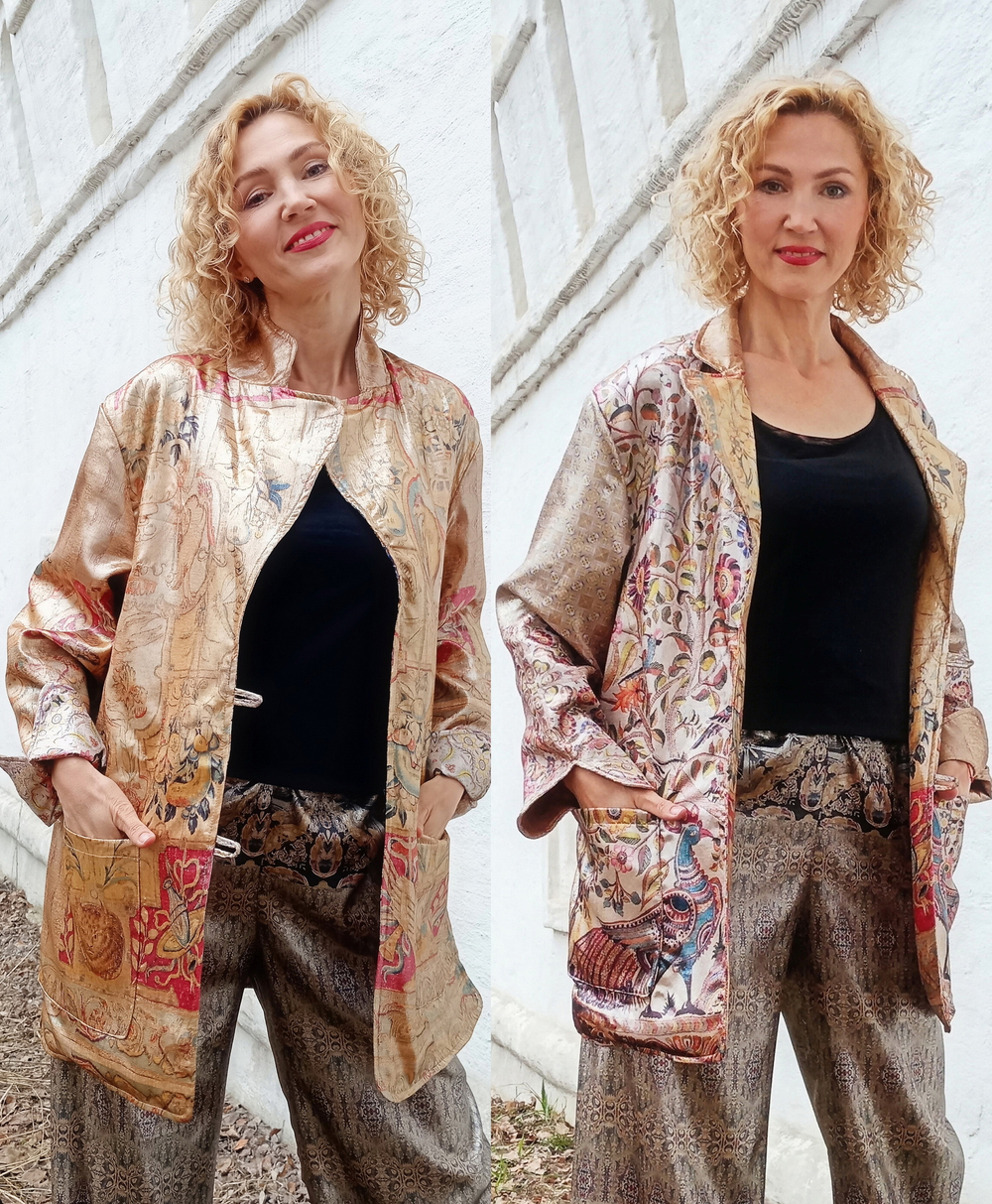 Двусторонний жакет, по мотивам фламандской шпалеры 17 века и текстильного панно «Древо Жизни» выполненного в технике ‘каламкари’ индийским художником Гураппа Четти