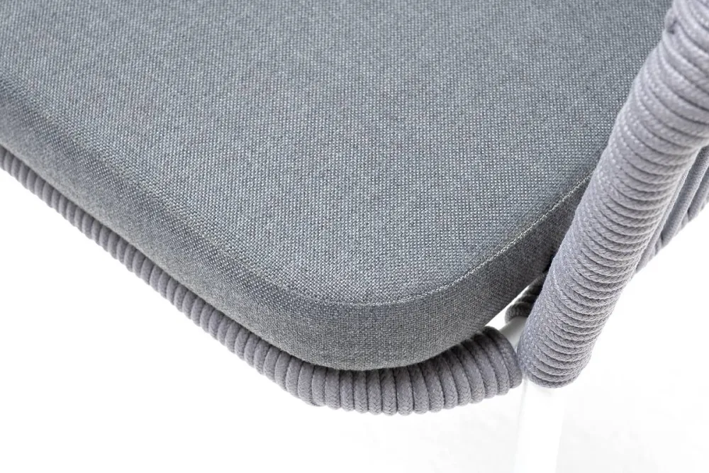 "Лион" стул плетеный из роупа, каркас из стали белый муар, роуп светло-серый круглый, ткань светло-серая