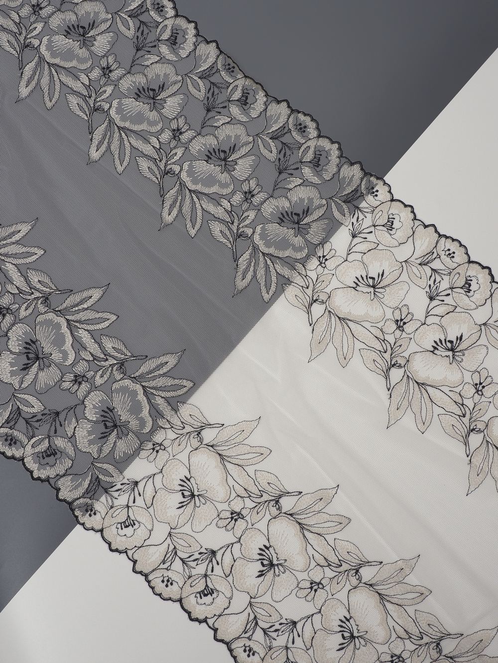 Кружево вышивка на сетке экрю с черным неэластичная ширина 36 см