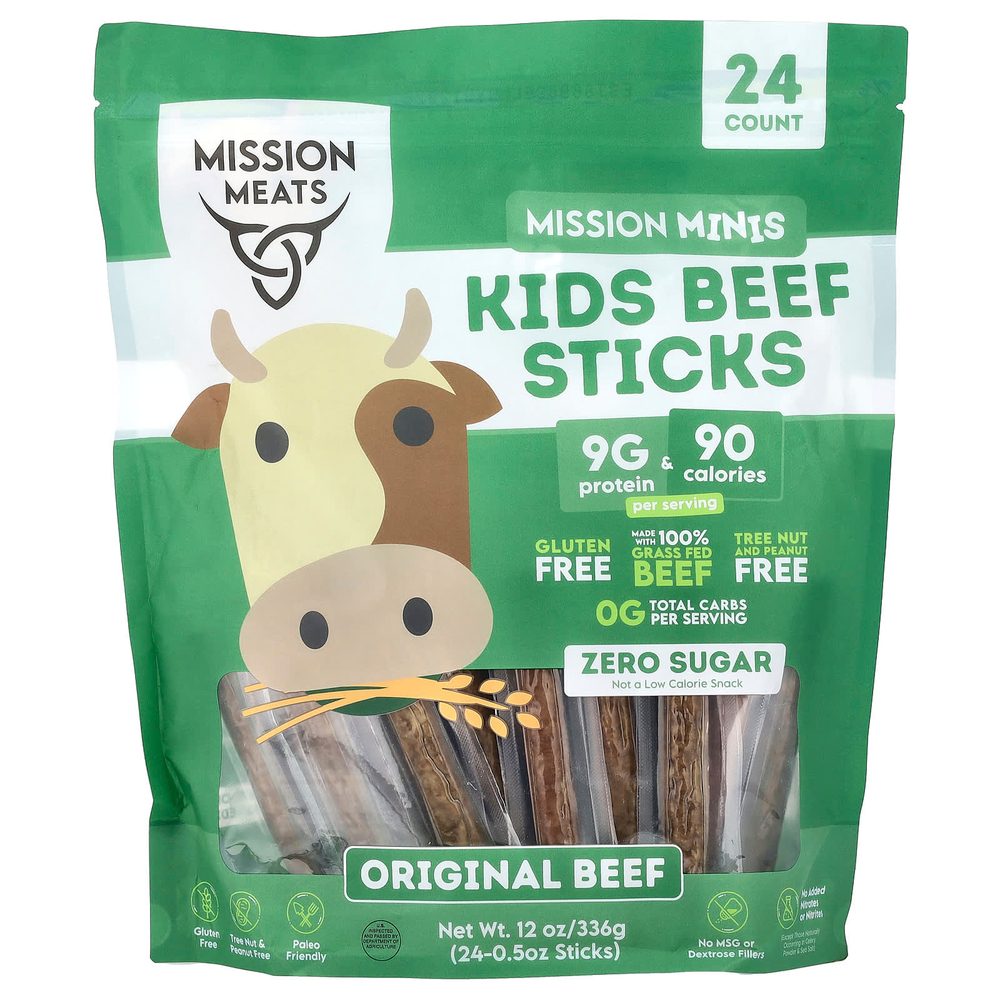 Mission Meats, миссии Минис, детские говяжьи палочки, оригинальная говядина, 24 палочки по 0,5 унции