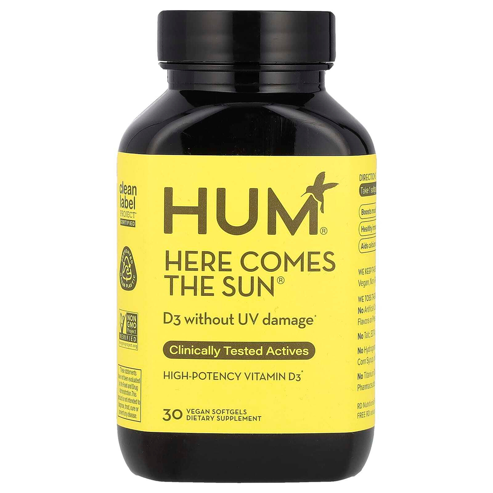 HUM Nutrition, Here Comes The Sun®, высокоэффективный витамин D3, 30 веганских капсул (50 мкг в 1 капсуле)