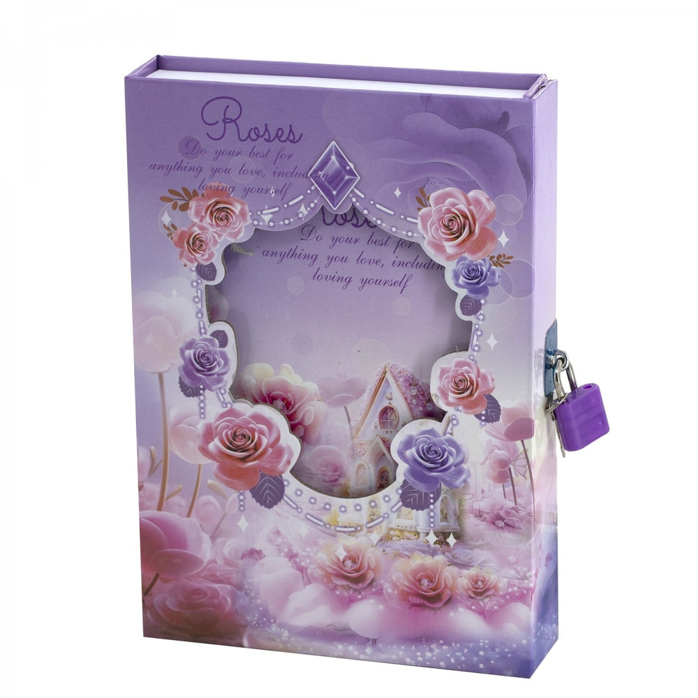 Блокнот в футляре, 14,5 см * 20,5 см, 7БЦ, Alingar, ламинация, замочек, линия, 45 л., "Домик среди роз", сиреневый