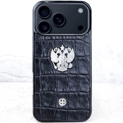 Эксклюзивный чехол iPhone с гербом РФ - Euphoria HM Premium - натуральная кожа, ювелирный сплав, Россия