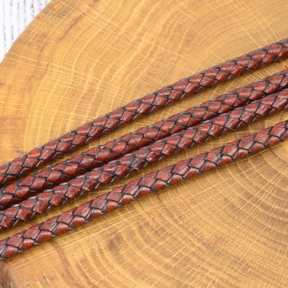Шнур кожаный плетеный красный винтаж 6 мм (цена за 10 см)