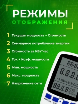 Ваттметр бытовой цифровой в розетку, цифровой измеритель мощности, розетка-ваттметр, измеритель энергии, напряжения до 16А.