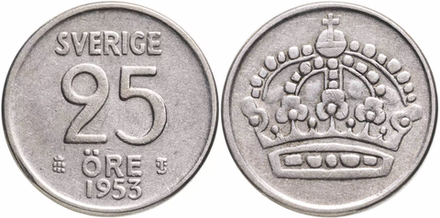 Швеция 25 эре, 1952 - 1961 Король Густав VI Адольф XF