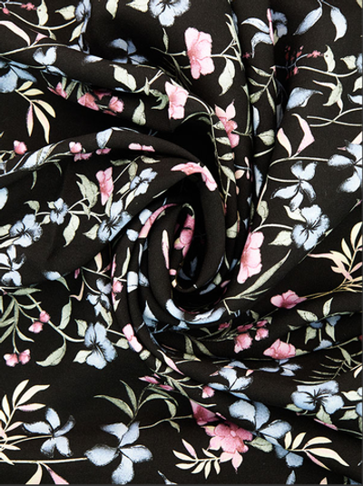Ткань штапель принт Цветы мелкие розовые, синие на черном, 105 гр/м, ш. 142 см