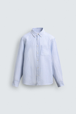 ZARА РУБАШКА REGULAR FIT ИЗ ЛЬНА И ХЛОПКА, СИНИЙ/БЕЛЫЙ