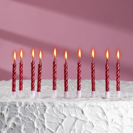 Свечи в торт "спираль", 10 шт, 7 см, красный металлик