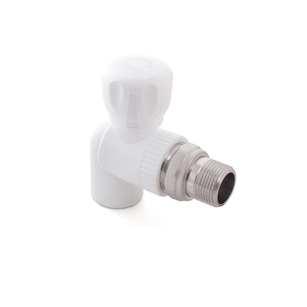 Кран шаровой для радиатора ПП 25-3/4'' PN 25, угловой, с американкой, белый, РосТурПласт 10589