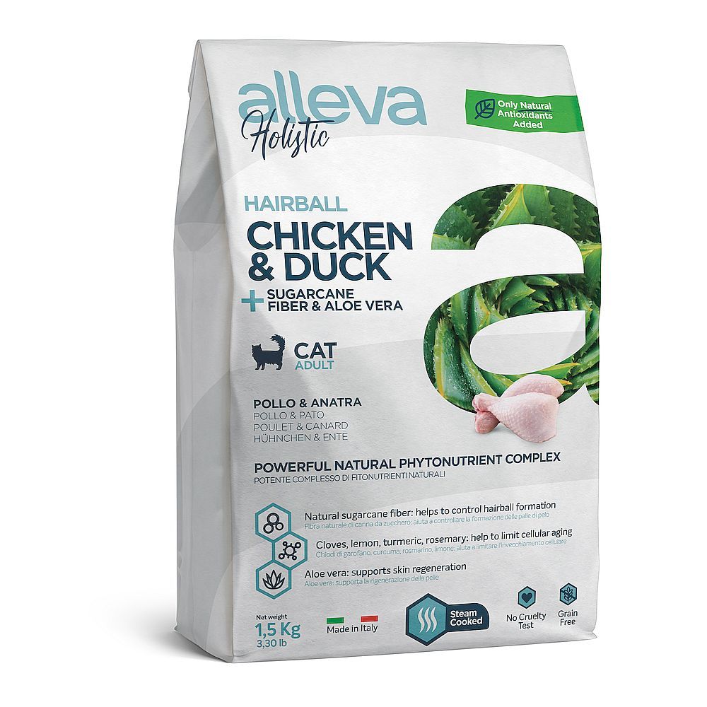 Корм для взрослых кошек Аллева Холистик Хеирбол с курицей и уткой (сахар.тростник,алое вера) 1,5 кг