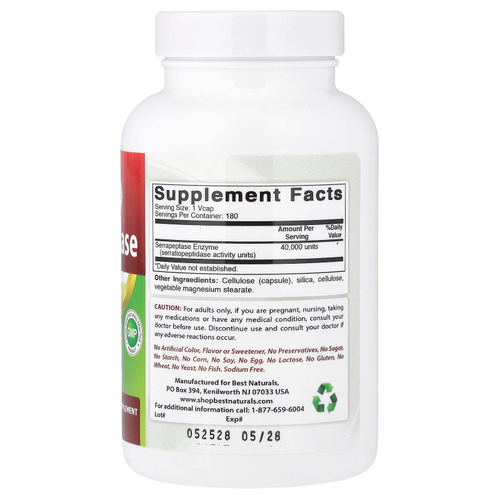 Best Naturals, Серрапептаза, 40 000 SPU, 180 капсул в секунду