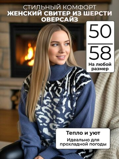 Женский свитер оверсайз из шерсти с принтом, размер 50-58, цвет голубой