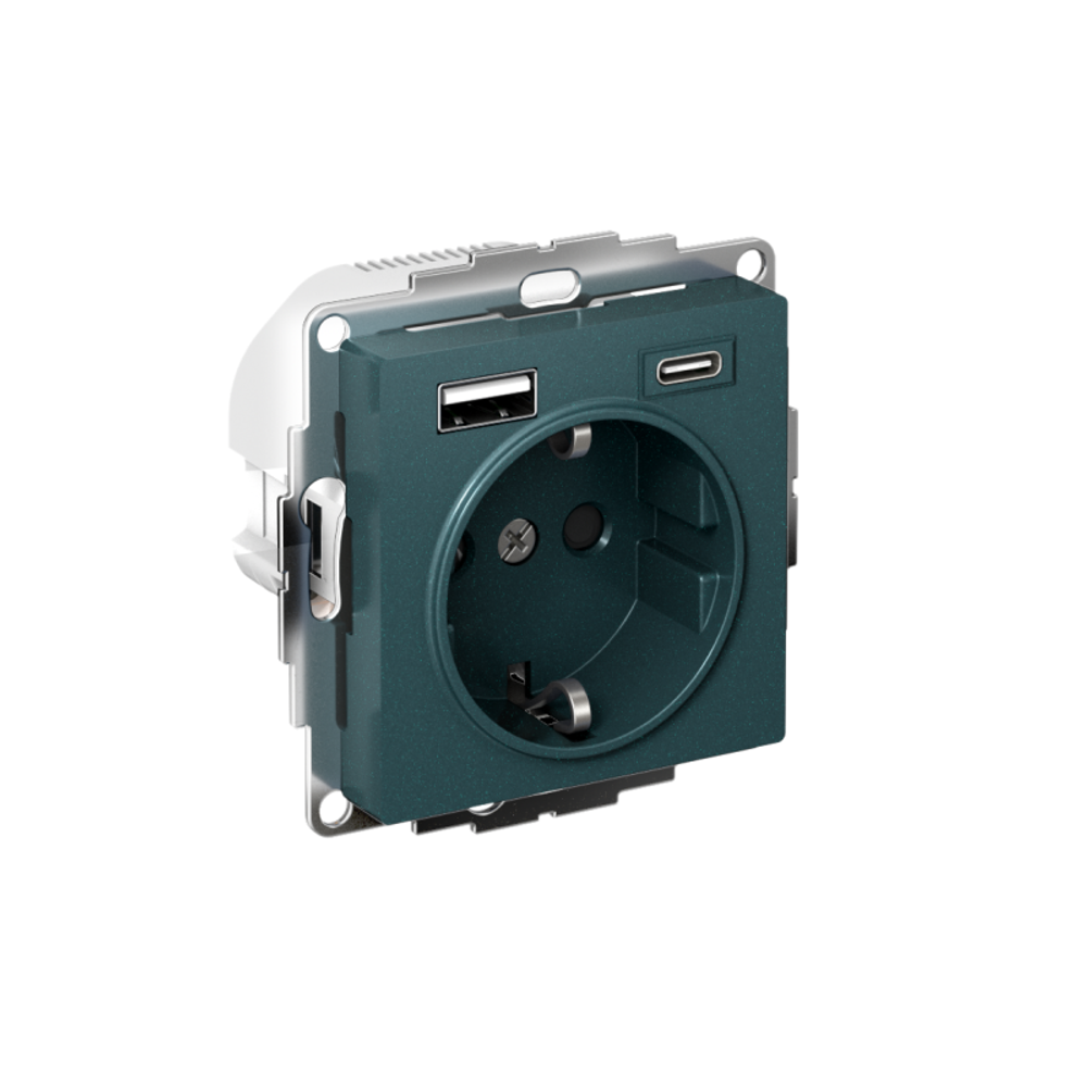 Розетка AtlasDesign 16А с 2-мя заряд. устройствами USB тип A+C 5В/2.4А 2х5В/1.2А механизм изумруд SE ATN000832
