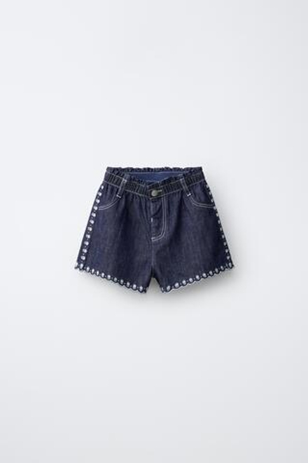 ZARA СВОБОДНЫЕ ДЖИНСОВЫЕ ШОРТЫ С ЦВЕТОЧНОЙ ВЫШИВКОЙ, СИНИЙ